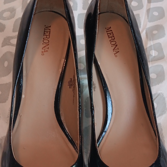 Merona Women's 7.5 Black Patent Leather Peep-Toe Heels 3" Heel - Picture 4 of 12